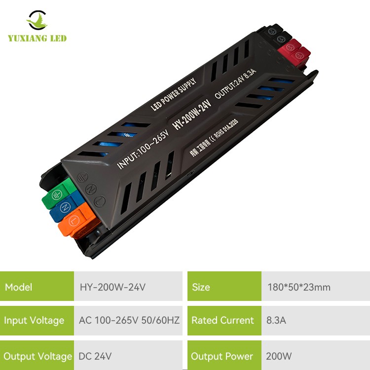 DC 24V 200W แหล่งจ่ายไฟ LED แบบกึ่งกระถางบางเฉียบ