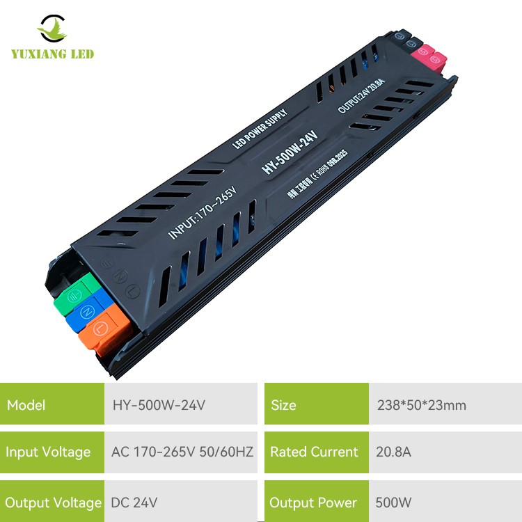 DC 24V 500W แหล่งจ่ายไฟ LED แบบกึ่งกระถางบางเฉียบ