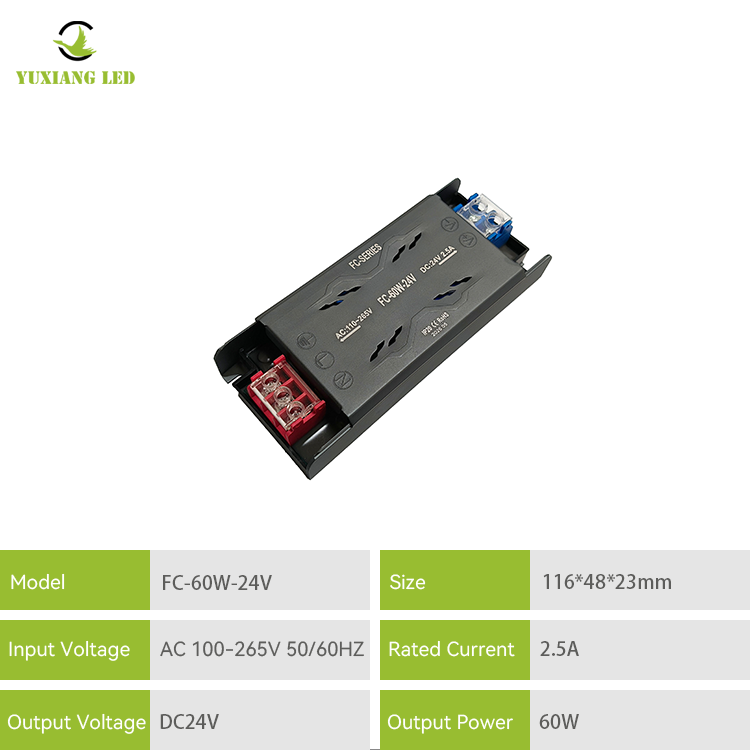 FC 24V 60W แหล่งจ่ายไฟ LED แบบกึ่งกระถางบาง