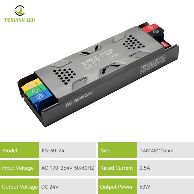 แหล่งจ่ายไฟเชิงเส้น LED แบบกึ่งกระถางหรี่แสงได้ ES รุ่น 24V 60W